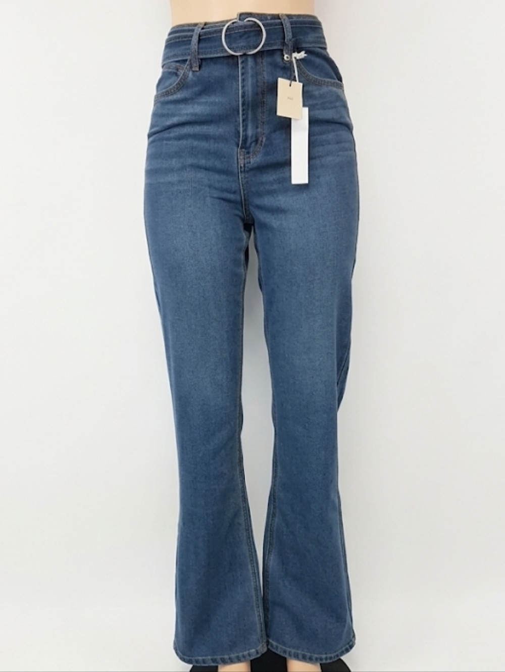 Tgla High-Rise Flare Jeans with Ring-Buckle Waist in Blue Size 25